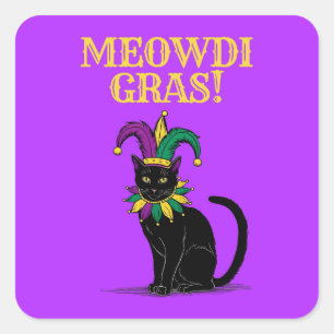 Mardi Gras Cat Sticker, Funny Meowdi Gras Pint Square Sticker