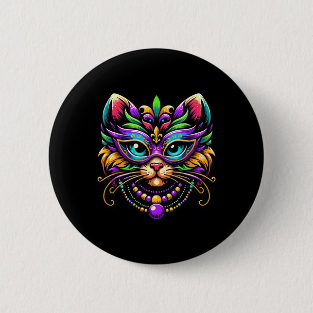 Mardi Gras Cat Wearing Mask Jester Hat Funny Carni 2 Inch Round Button (Front)