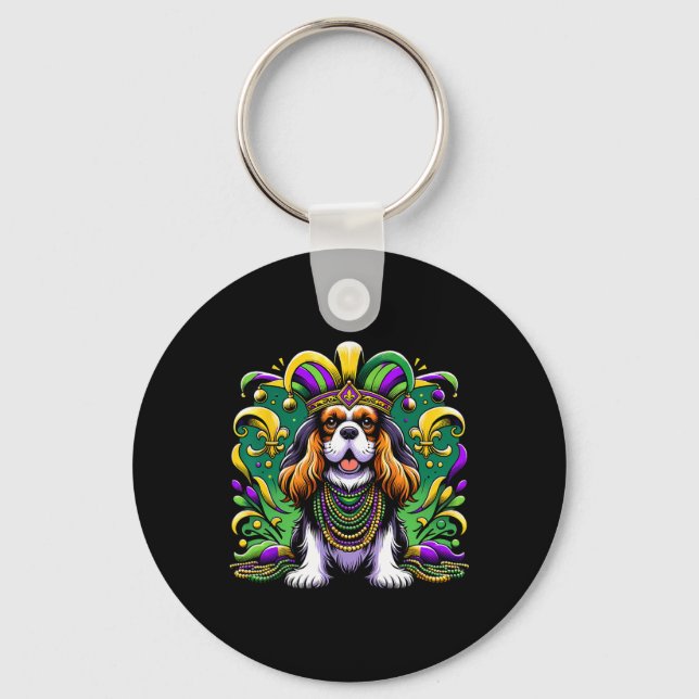 Mardi Gras Cavalier King Charles Spaniel Dog Jeste Keychain (Front)