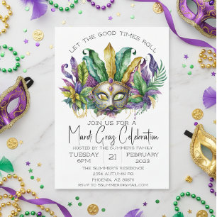 Mardi Gras Celebration Watercolor Mask  Invitation