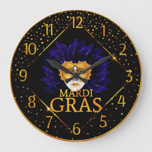 Mardi Gras Clock, Blue Feather Mardi Gras Mask Large Clock