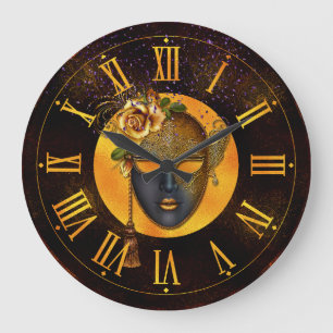 Mardi Gras Clock, Blue Mask Golden Rose Large Clock