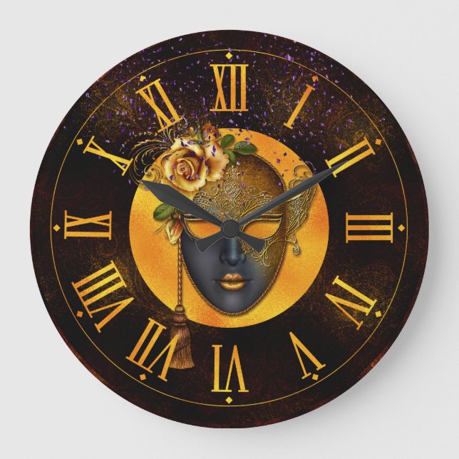 Mardi Gras Clock, Blue Mask Golden Rose  Large Clock (Front)
