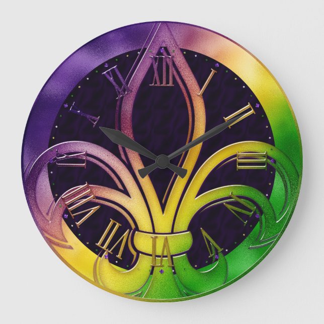 Mardi Gras Clock, Colourful Fleur de Lis Large Clock (Front)