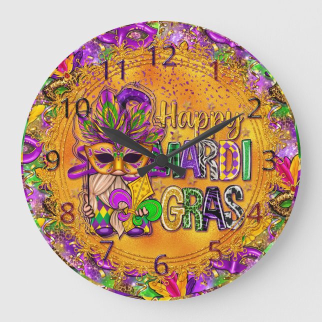 Mardi Gras Clock, Colourful Happy Mardi Gras Gnome Large Clock (Front)