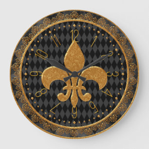 Mardi Gras Clock, Golden Fleur de Lis  Large Clock