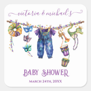 Mardi Gras Clothesline boy Baby Shower Square Sticker