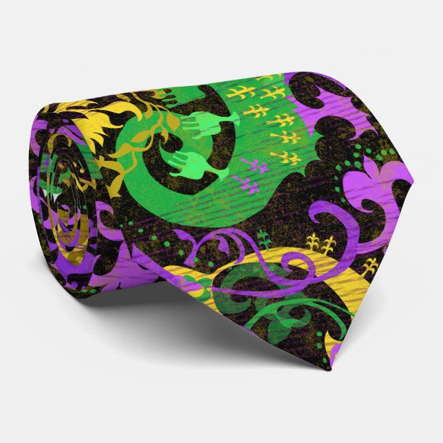Mardi Gras Colors Damask Dragon, Butterfly, Snake Tie (Rolled)
