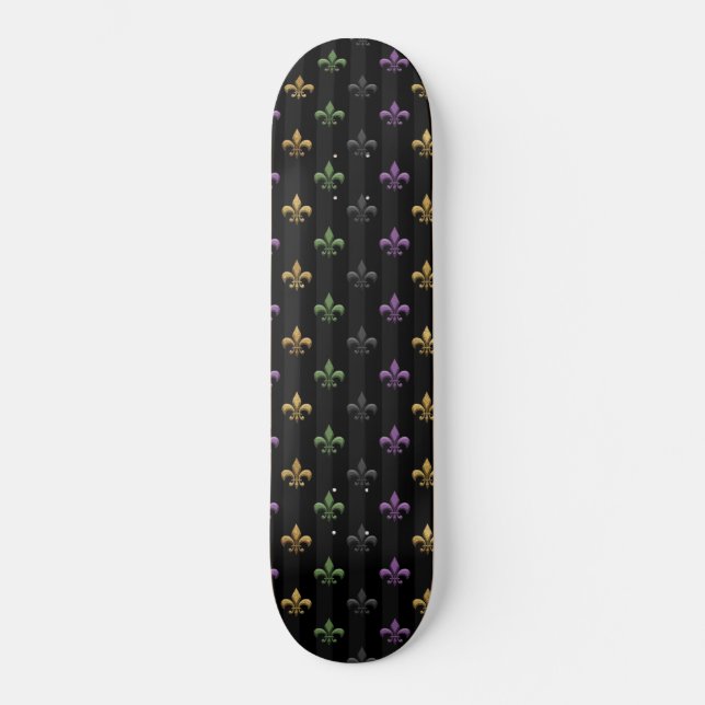 Mardi Gras Colourful Fleur De Lis Dark Vertical Skateboard (Front)