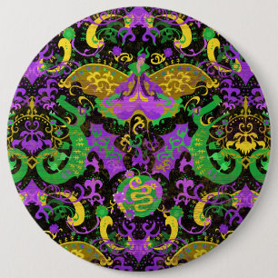 Mardi Gras Colours Damask Dragon, Butterfly, Snake 6 Inch Round Button