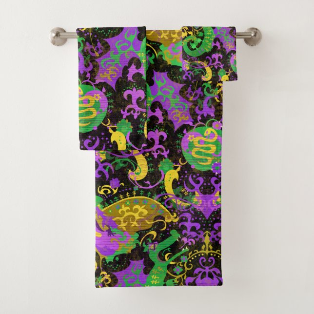 Mardi Gras Colours Damask Dragon, Butterfly, Snake Bath Towel Set (Insitu)