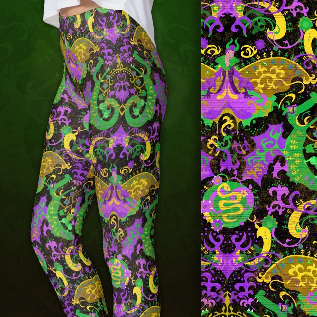 Mardi Gras Colours Damask Dragon, Butterfly, Snake Leggings (Close-up)