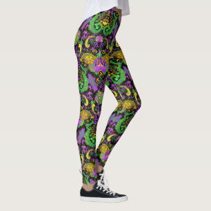 Mardi Gras Colours Damask Dragon, Butterfly, Snake Leggings