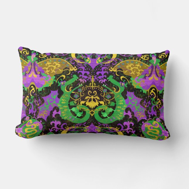 Mardi Gras Colours Damask Dragon, Butterfly, Snake Lumbar Pillow (Front)