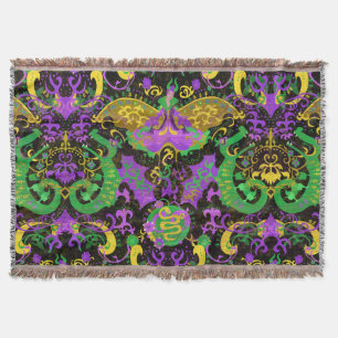 Mardi Gras Colours Damask Dragon, Butterfly, Snake Throw Blanket