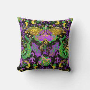 Mardi Gras Colours Damask Dragon, Butterfly, Snake Throw Pillow