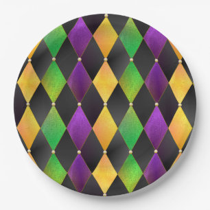 Mardi Gras Colours Diamond Harlequin Argyle - Blac Paper Plate