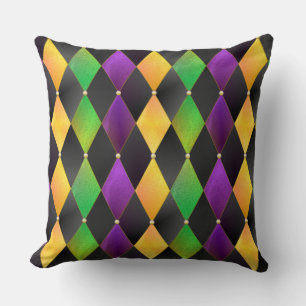Mardi Gras Colours Diamond Harlequin Argyle - Blac Throw Pillow