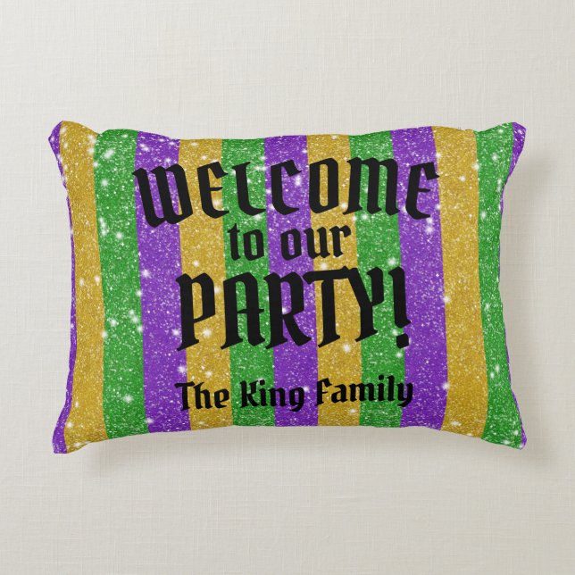 Mardi Gras Colours Glitter Stripe Bling Welcome Accent Pillow (Front)