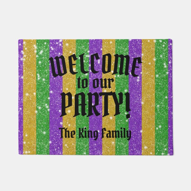 Mardi Gras Colours Glitter Stripe Bling Welcome Doormat (Front)