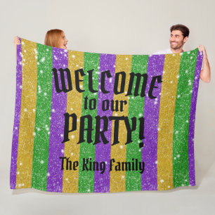 Mardi Gras Colours Glitter Stripe Bling Welcome Fleece Blanket