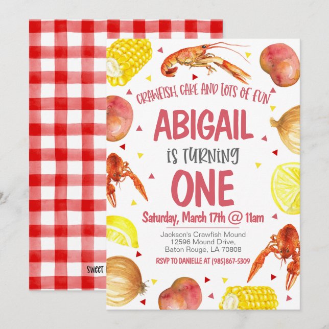 Mardi Gras Crawfish First Birthday Invitation (Front/Back)