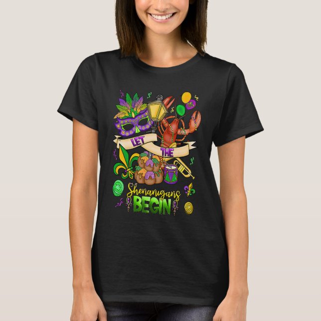 Mardi Gras Crawfish Jester Beads Let Shenanigans B T-Shirt (Front)