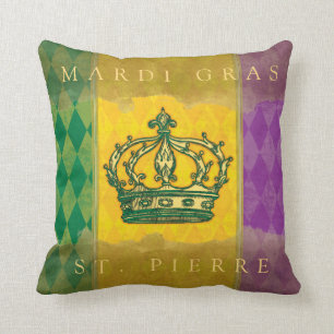 Mardi Gras Crown Family Name Monogram Throw Pillow