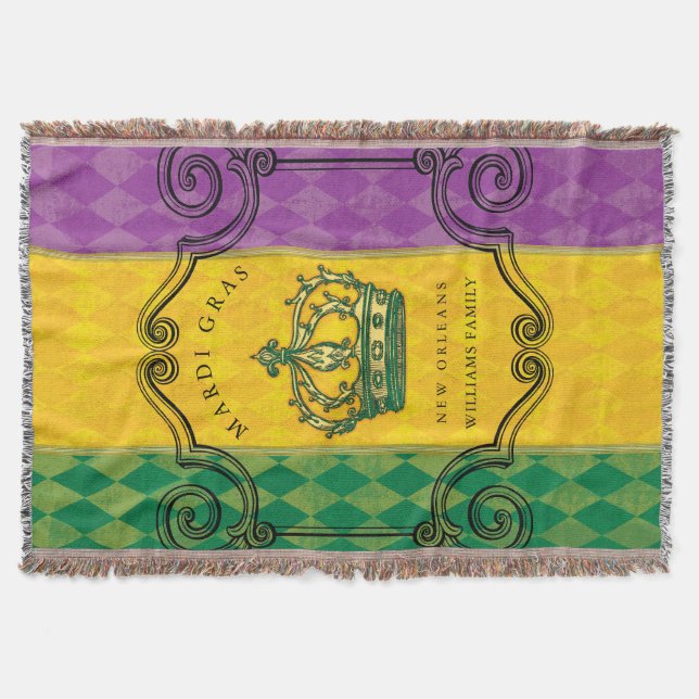 Mardi Gras Crown Purple Green Gold Family Name Throw Blanket (Front)