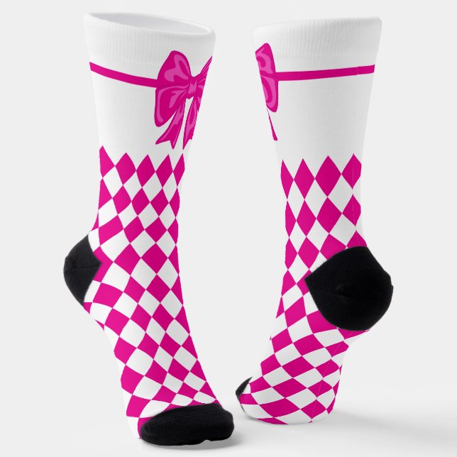 Mardi Gras Cute Bow Pink White Carnival Socks (Angled)