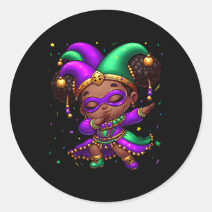 Mardi Gras Dabbing Cute Black Girl Jester Hat Wome Classic Round Sticker