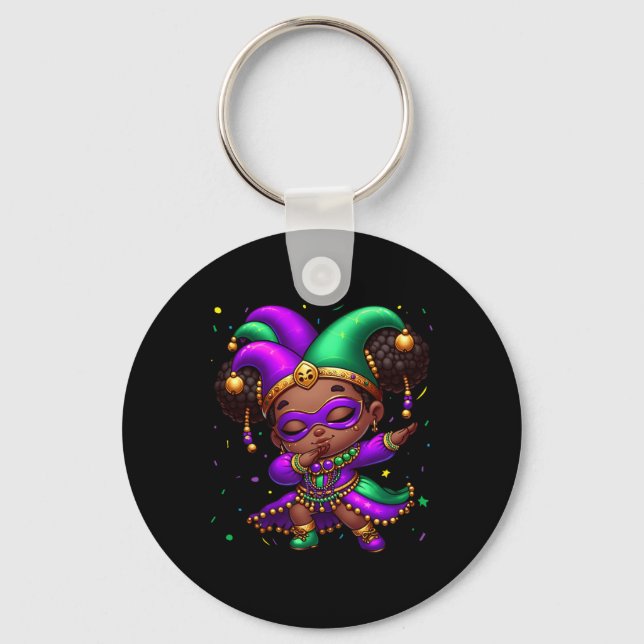 Mardi Gras Dabbing Cute Black Girl Jester Hat Wome Keychain (Front)
