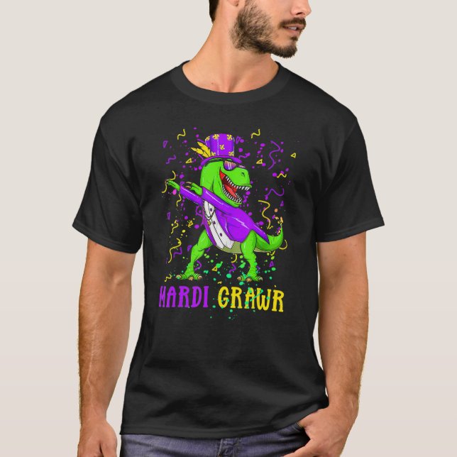Mardi Gras Dabbing T Rex Dinosaur Mardi Grawr Bead T-Shirt (Front)