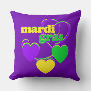 Mardi Gras Decor Purple Green Yellow Hearts Cute Throw Pillow