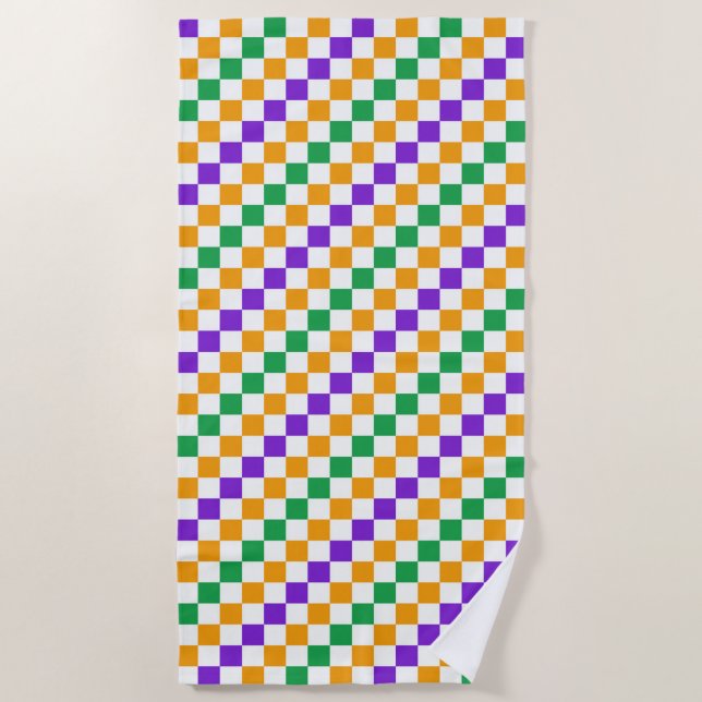 Mardi gras diagonal chequerboard pattern beach towel (Front)