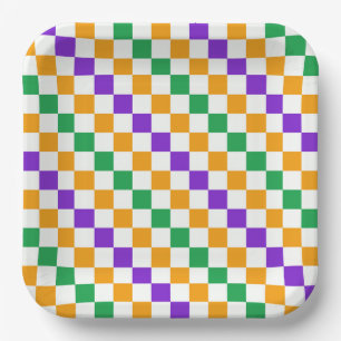 Mardi gras diagonal chequerboard pattern paper plate