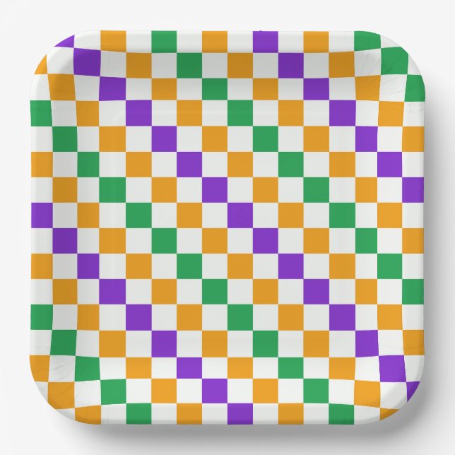 Mardi gras diagonal chequerboard pattern paper plate (Front)