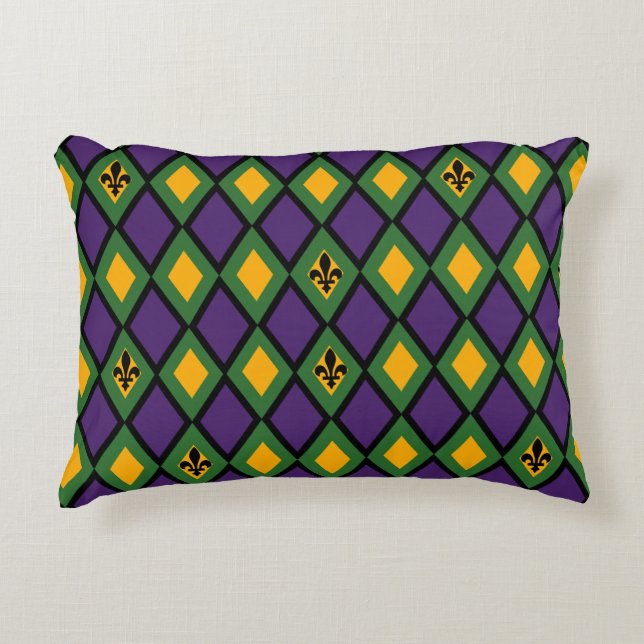 Mardi Gras Diamond Pattern With Fleur De Lis Decorative Pillow (Front)