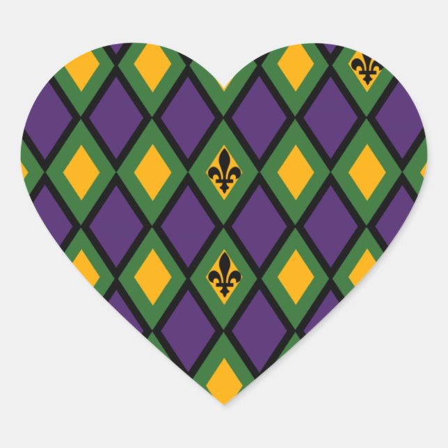 Mardi Gras Diamond Pattern With Fleur De Lis Heart Sticker (Front)