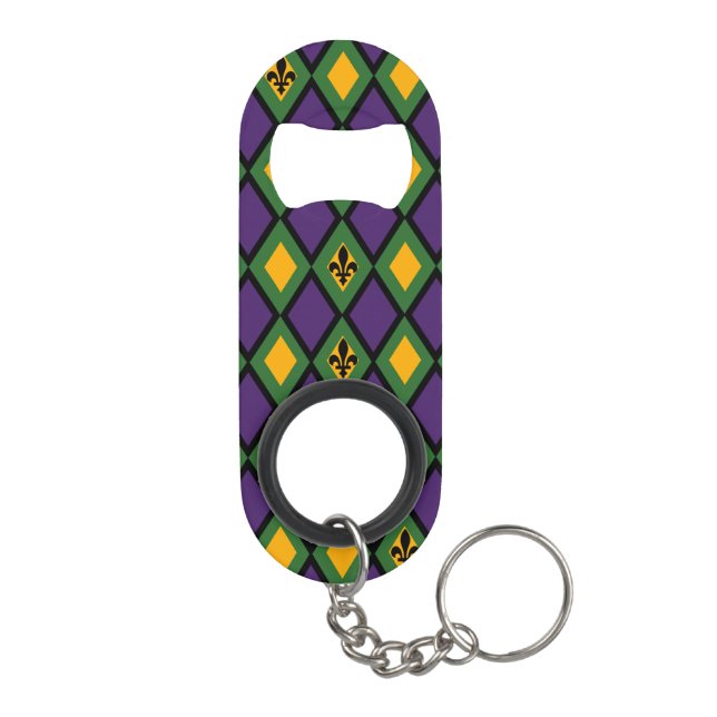 Mardi Gras Diamond Pattern With Fleur De Lis Mini Bottle Opener (Back)