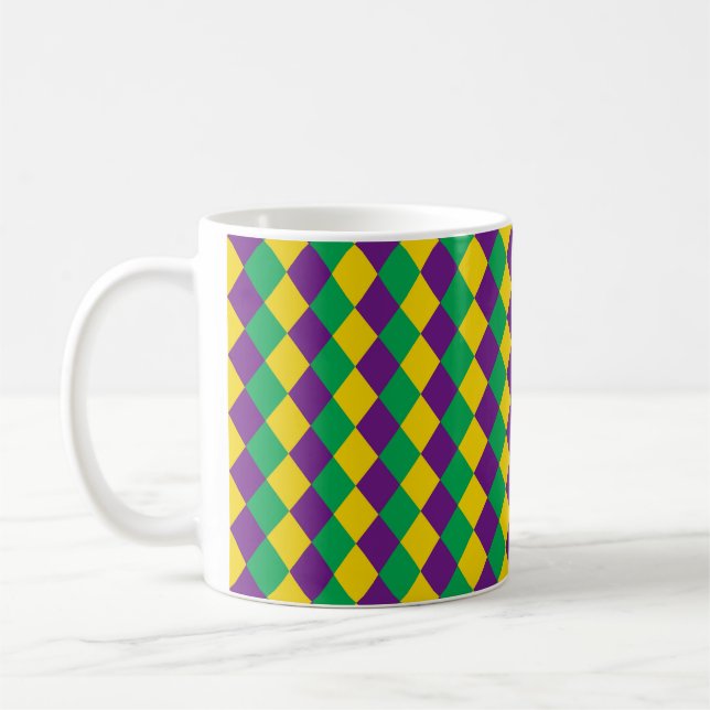 Mardi Gras Diamonds: Vibrant Festive Pattern Coffee Mug (Left)