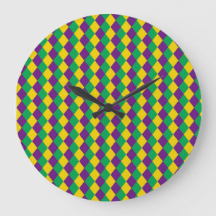 Mardi Gras Diamonds: Vibrant Festive Pattern Large Clock