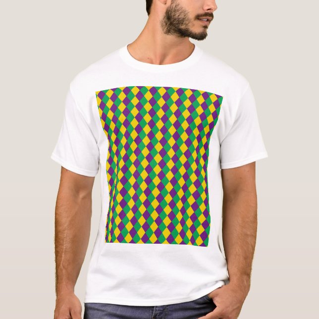 Mardi Gras Diamonds: Vibrant Festive Pattern T-Shirt (Front)