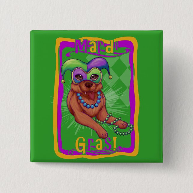 Mardi Gras Dog 2 Inch Square Button (Front)