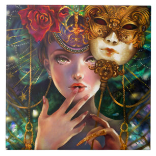 Mardi Gras Fancy Surreal Masquerade Mask Girl Art Tile