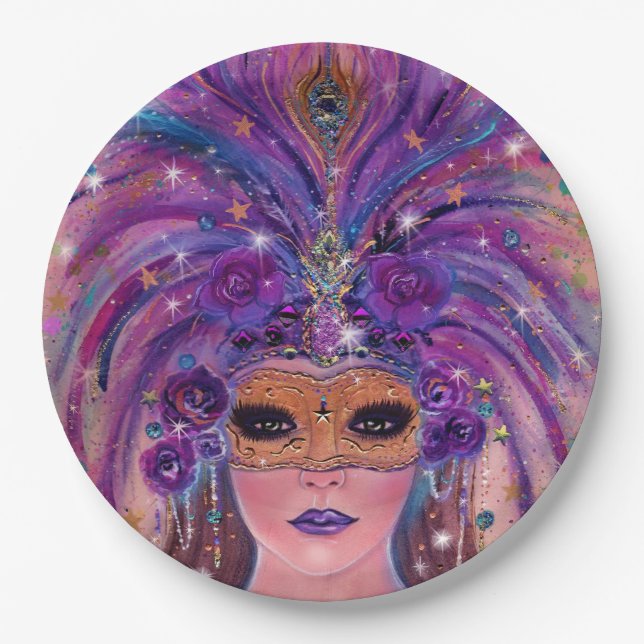 Mardi Gras fantasy woman in mask by Renee Lavoie   Paper Plate (Front)