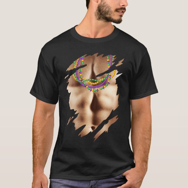 Mardi Gras Fat Tuesday Man Bare Chest with Beads T-Shirt (Front)