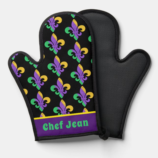 Mardi Gras Fat Tuesday Purple Green Fleur De Lis Oven Mitt (Front/Back)