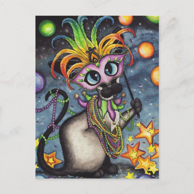 Mardi Gras Fat Tuesday Siamese Cat Postcard (Front)