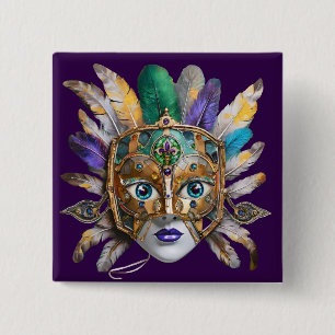 Mardi Gras Feather and Metal Mask 2 Inch Square Button